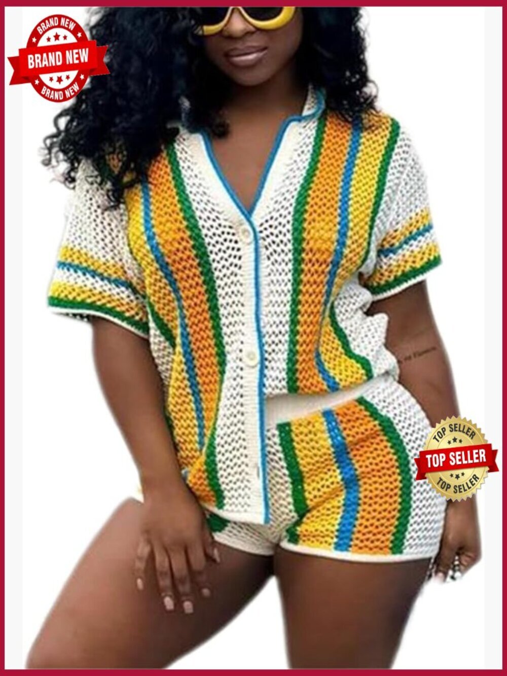 Women's Knitted Shorts Set - Crochet Two Piece Summer Outfit with Button Top